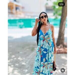 Tahari ASL Blue Floral Tropical Summer Vacation Tank Maxi Dress Size Medium